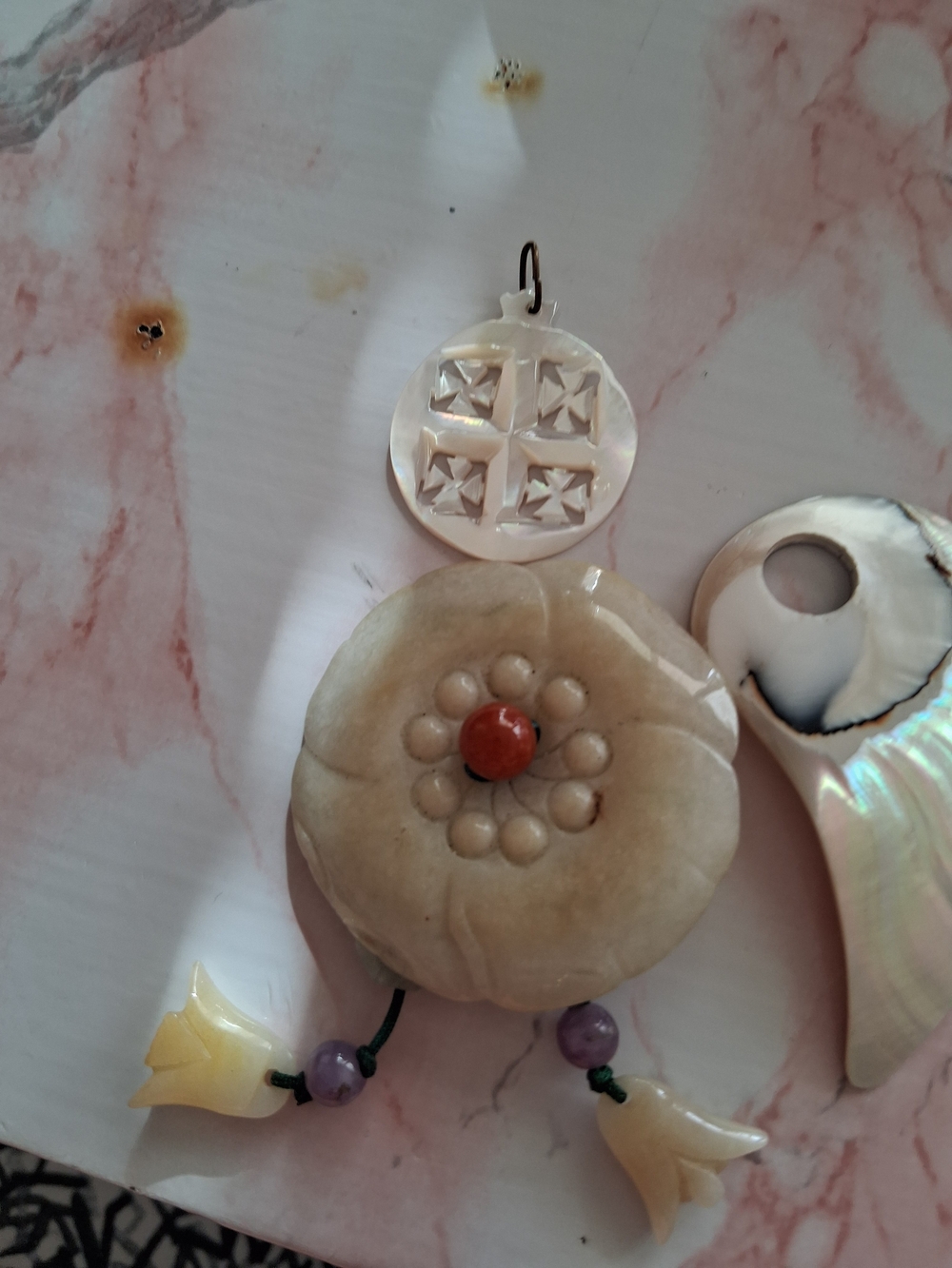 Handcrafted Beige Stone Flower Pendant with Coral Accent - Women Jewelry
